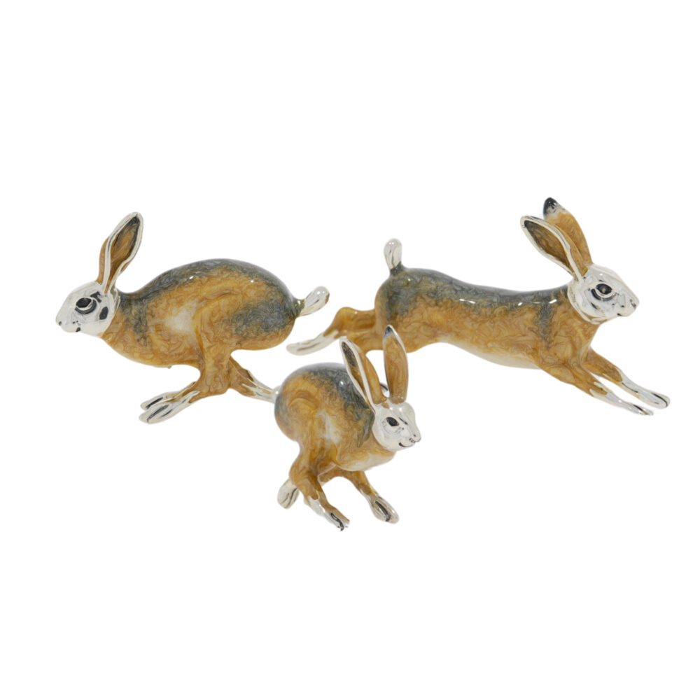 Saturno Sterling Silver and Enamel Hares Running Ornaments