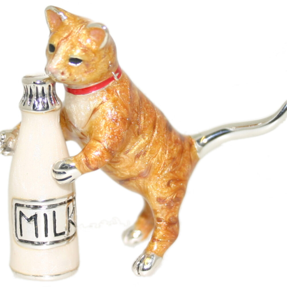Saturno Sterling Silver and Enamel Cat that got the Cream Ornament