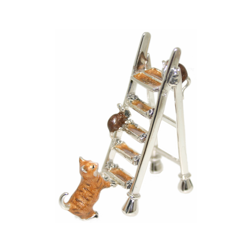 Saturno Sterling Silver and Enamel Cat and Mice on Ladder Ornament