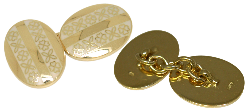 Gold - 18ct yellow gold and inlaid enamel oval Chain Cufflinks