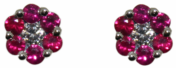 Ruby and Diamond inverted cluster earrings, 18ct white gold mounts