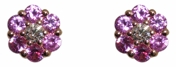 Pink Sapphire and Diamond inverted cluster earrings, 18ct rose gold mounts