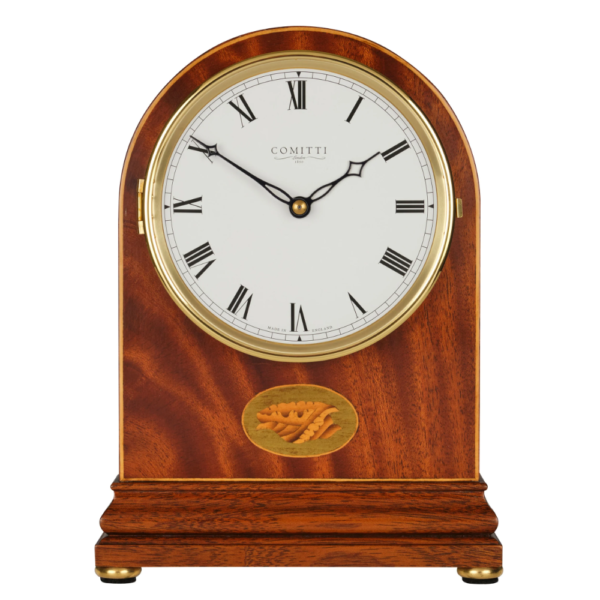 Mahogany quartz Comitti Inlaid arch top mantel clock C4102Q