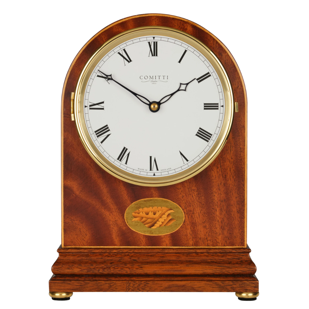 Mahogany quartz Comitti Inlaid arch top mantel clock C4102Q
