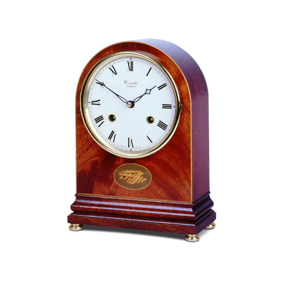 Mahogany 8 day Comitti Inlaid Arch top bell strike mantel clock C4102S