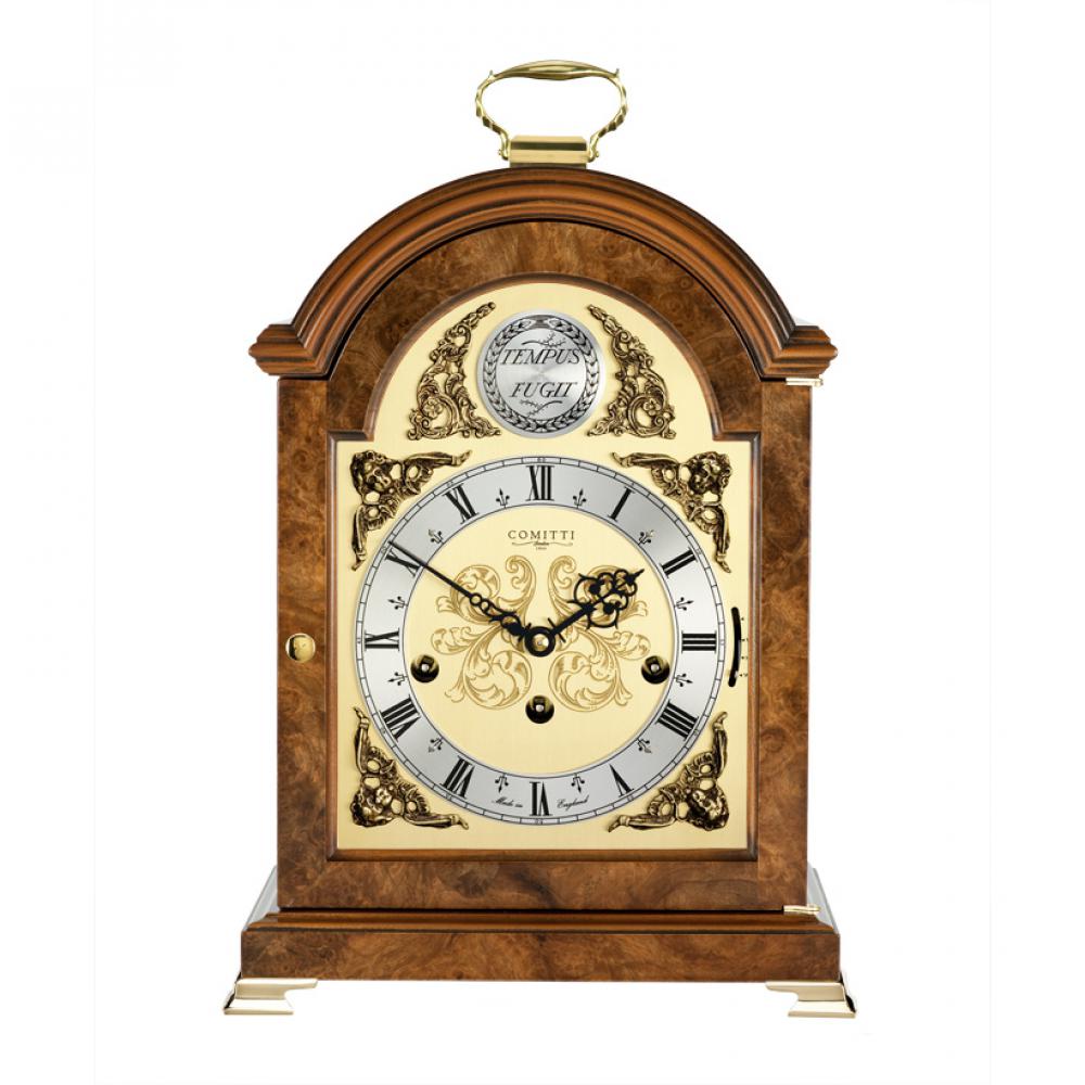 Burr Walnut 8 day Comitti Break Arch Triple Chime mantel/table clock C4210TCH