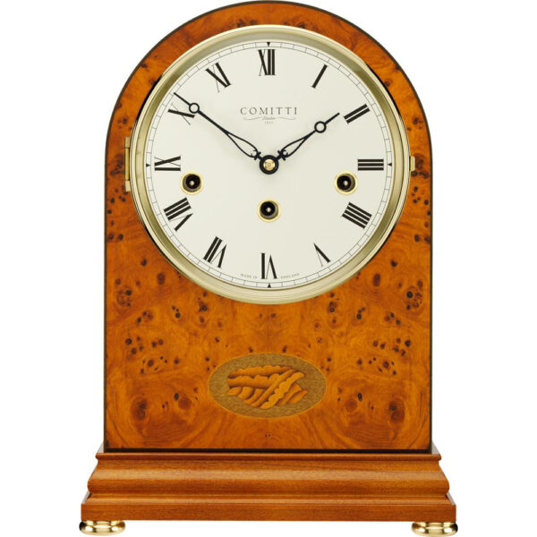 Burr Yew 8 day Comitti Inlaid Arch Top Westminster chime mantel clock C4402CH