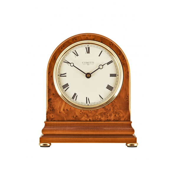 Burr Yew Radio Controlled quartz Comitti Arch top mantel clock C4402RC