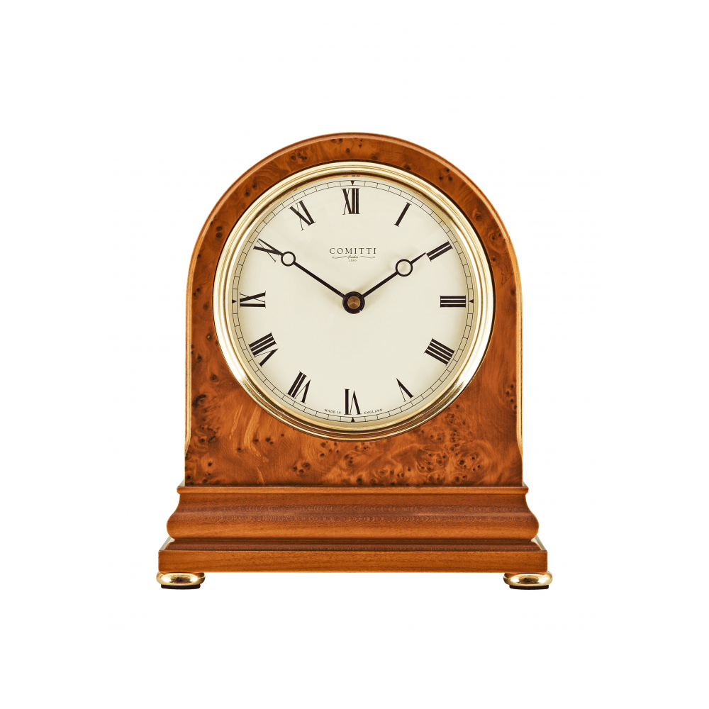 Burr Yew Radio Controlled quartz Comitti Arch top mantel clock C4402RC