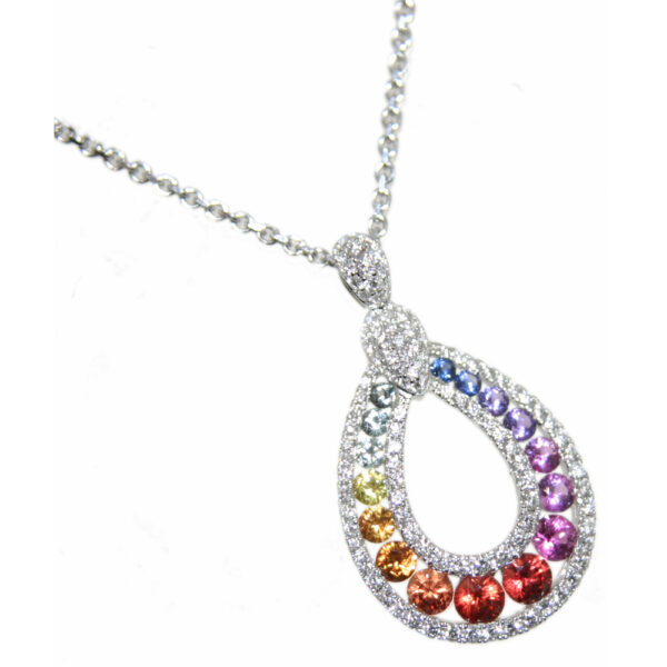 Multi-coloured Sapphire and diamond Pendant, 18ct white gold mount and necklet