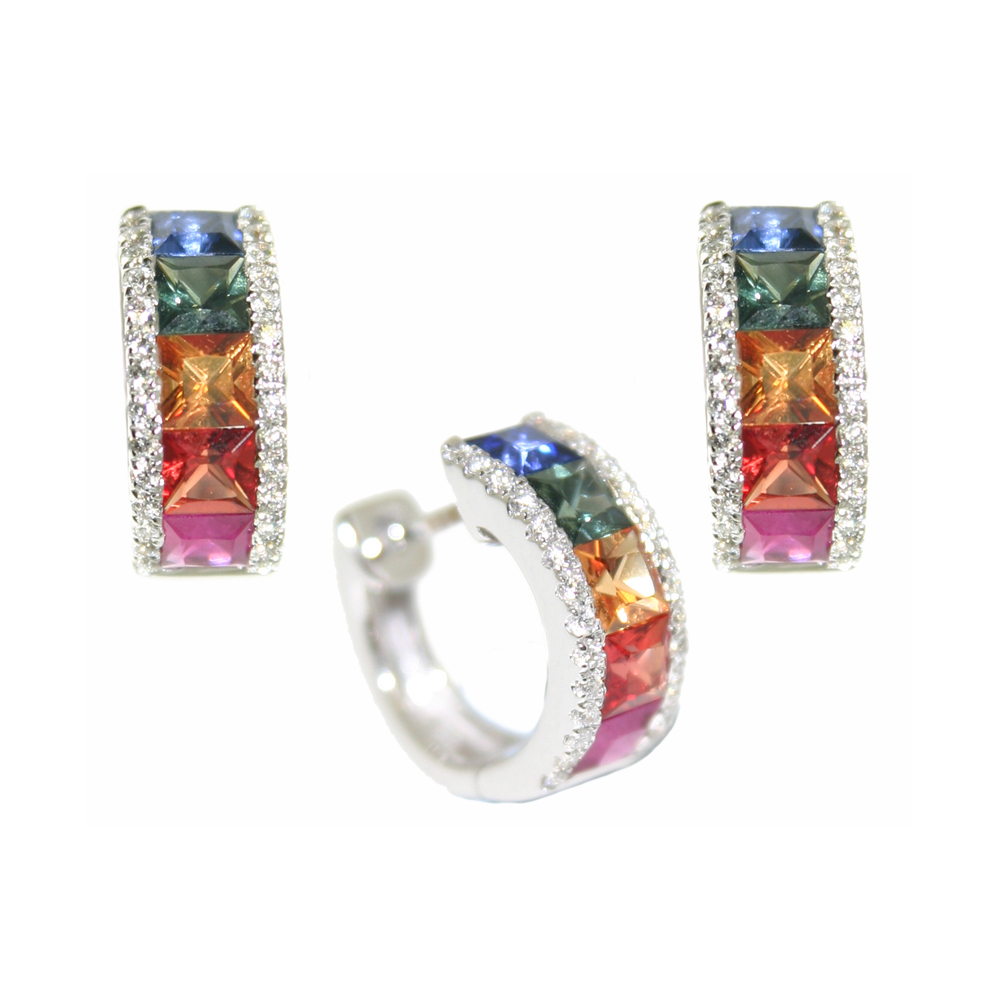 Multi Sapphire and Diamond 3 row hoop earrings 18ct white gold