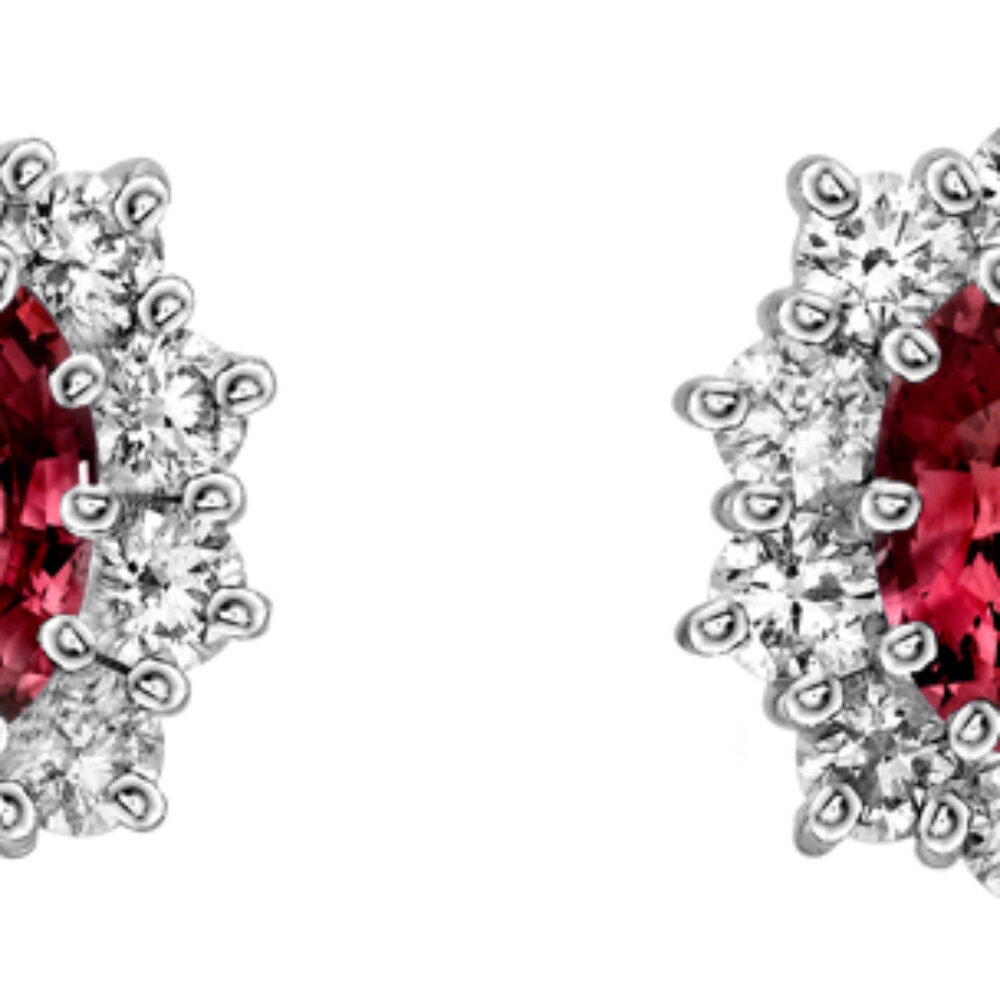 Ruby and Diamond traditional claw set cluster earrings, 18ct gold mounts