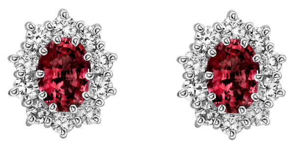 Ruby and Diamond traditional claw set cluster earrings, 18ct gold mounts