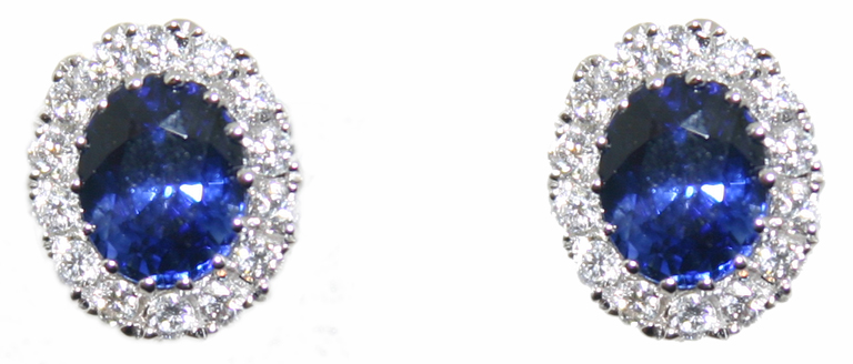 Sapphire and Diamond Cluster Earrings, 18ct white gold mounts