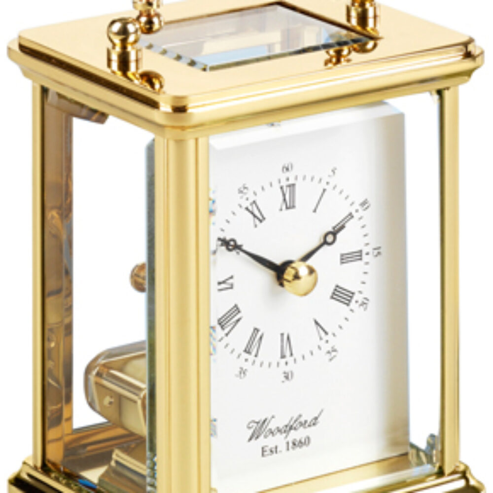 Solid Brass skeleton quartz Woodford Corniche carriage clock