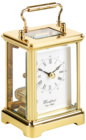 Solid Brass skeleton quartz Woodford Corniche carriage clock