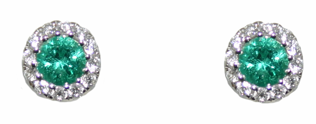 Emerald and Diamond circular cluster earrings, 18ct white gold mounts