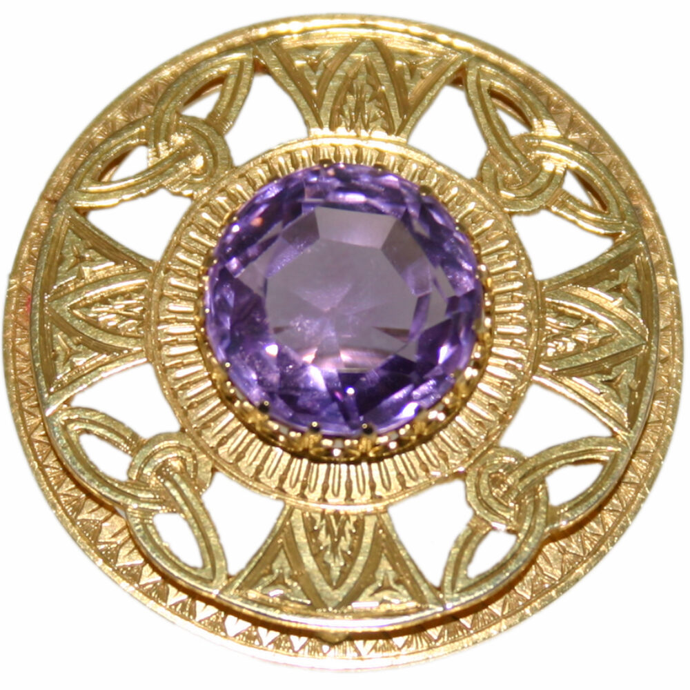 Amethyst circular brooch 15ct gold celtic mount
