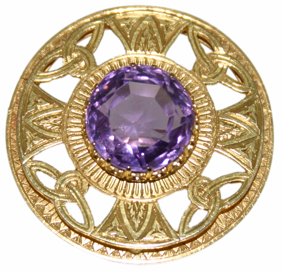 Amethyst circular brooch 15ct gold celtic mount