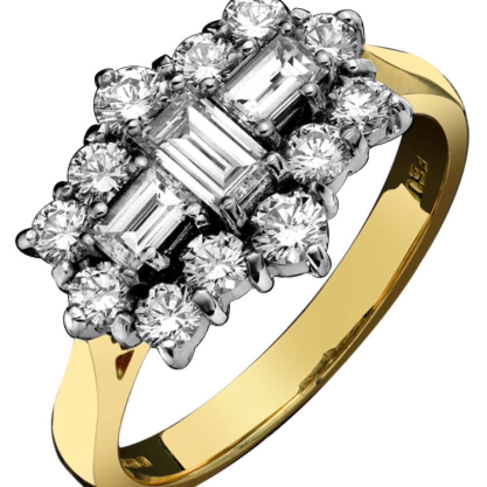 Diamond baguette and brilliant cluster ring
