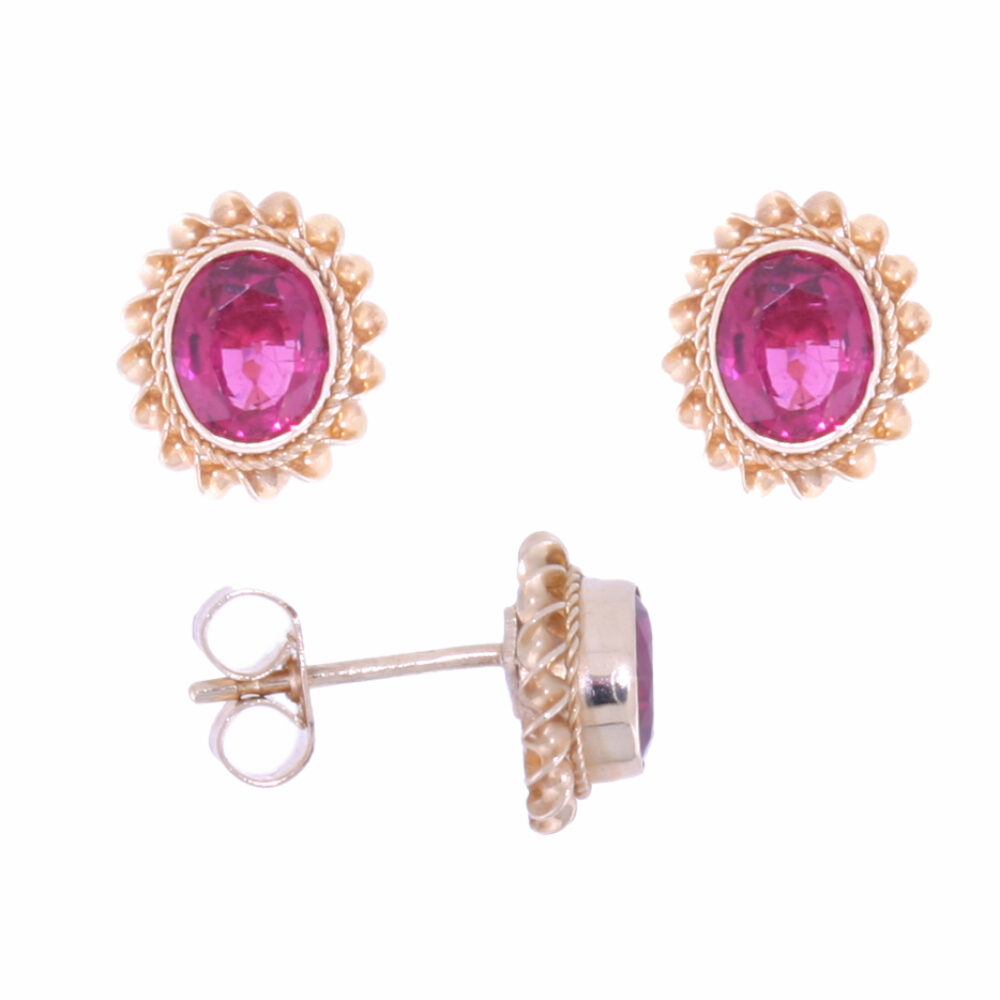 Rubellite single stone earrings, 9ct yellow gold mounts