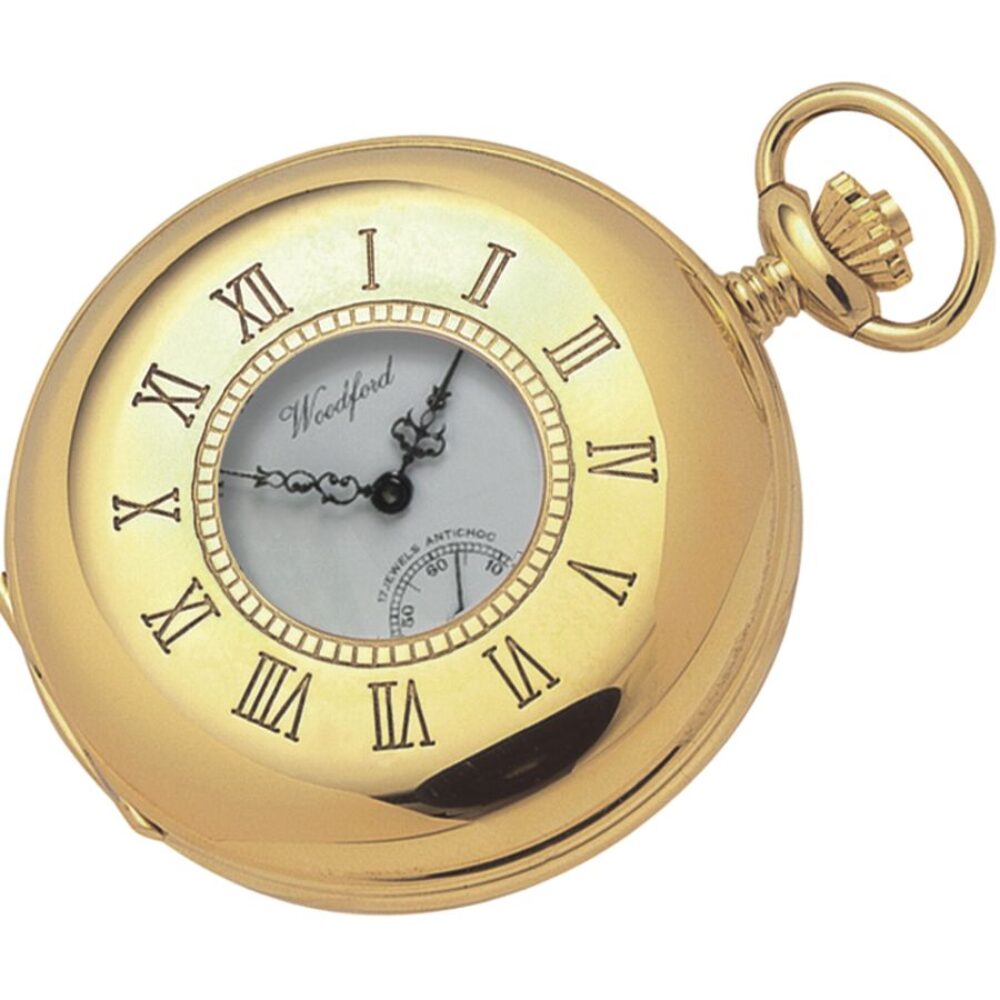 Gold Plated Half/Demi Hunter Swiss Jewel Lever Woodford Pocket Watch