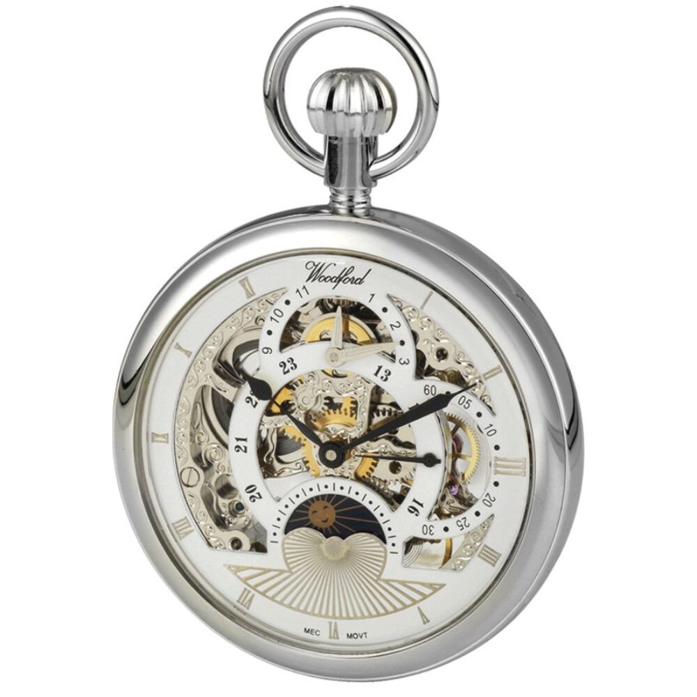 Chrome Plated Skeleton Jewel Lever Woodford Dual Time Pocket Watch