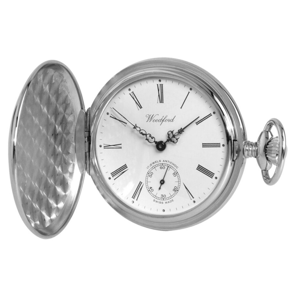 Chrome Plated Full Hunter Swiss Jewel Lever Woodford Pocket Watch