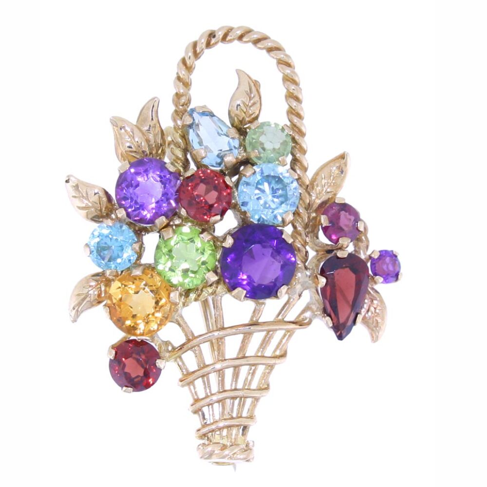 Multi Gemstone brooch in 9ct Yellow Gold Basket