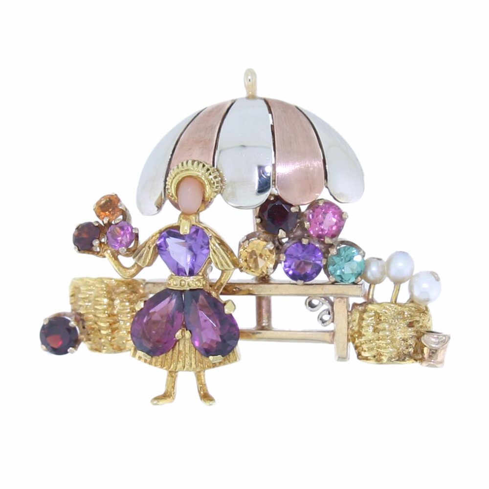 9ct Yellow Gold Novelty Flower Seller Brooch set with Gemstones