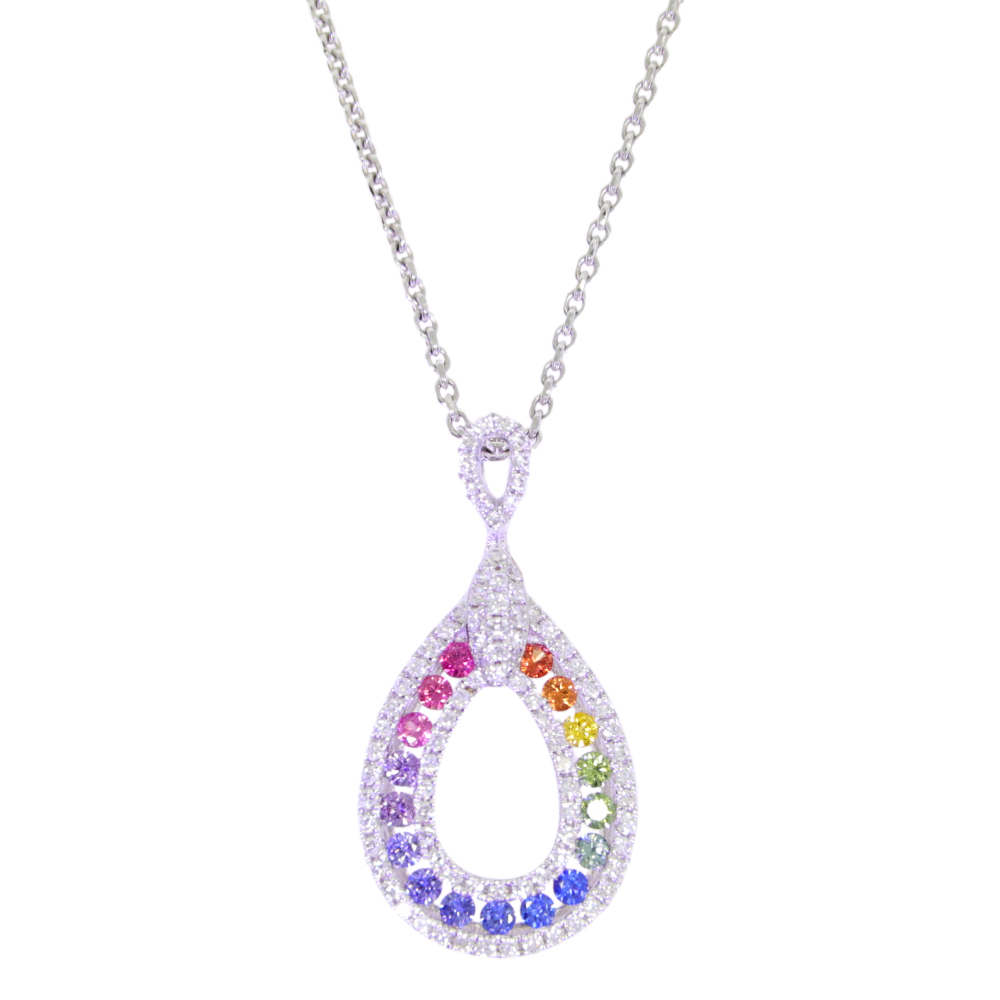 Multi-coloured Sapphire and diamond Pendant, 18ct white gold mount and necklet