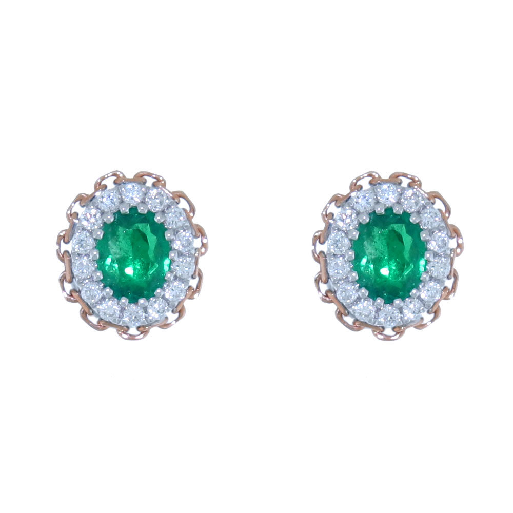 Emerald and Diamond Cluster Earrings, 18ct white and Rose gold mounts