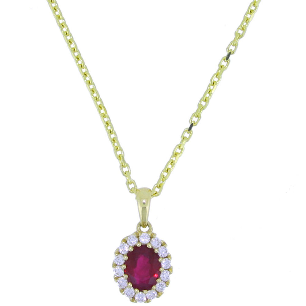Ruby and diamond oval cluster pendant, 18ct yellow gold mount and necklet