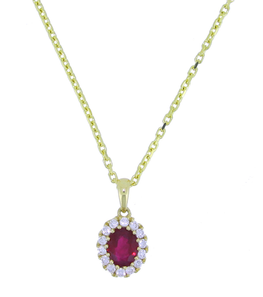 Ruby and diamond oval cluster pendant, 18ct yellow gold mount and necklet