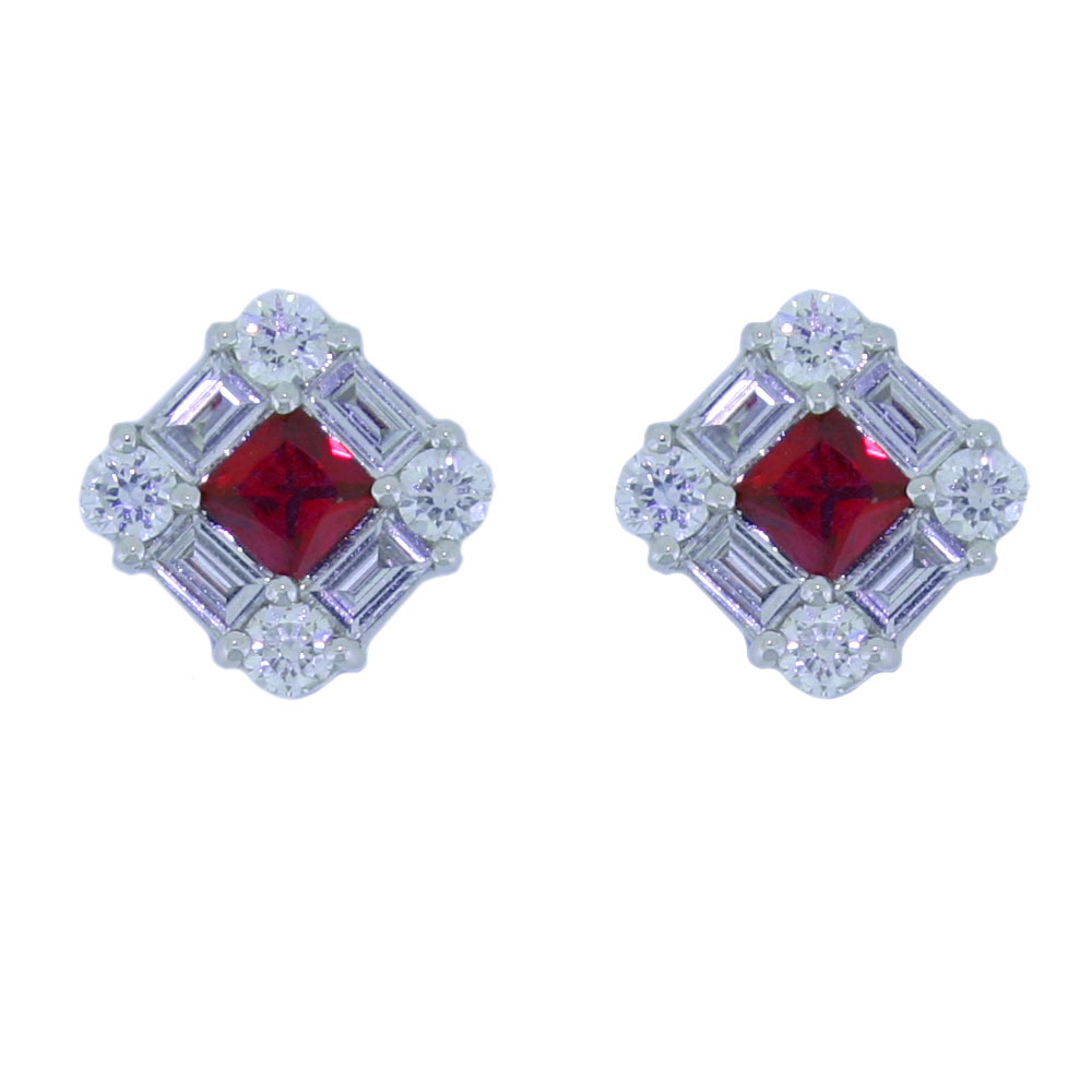 Ruby and Diamond Square Cluster Earrings, 18ct White Gold Mounts