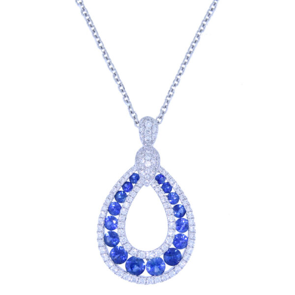 Sapphire and Diamond 3 Row Pear shaped Pendant, 18ct white gold Mount and Necklet