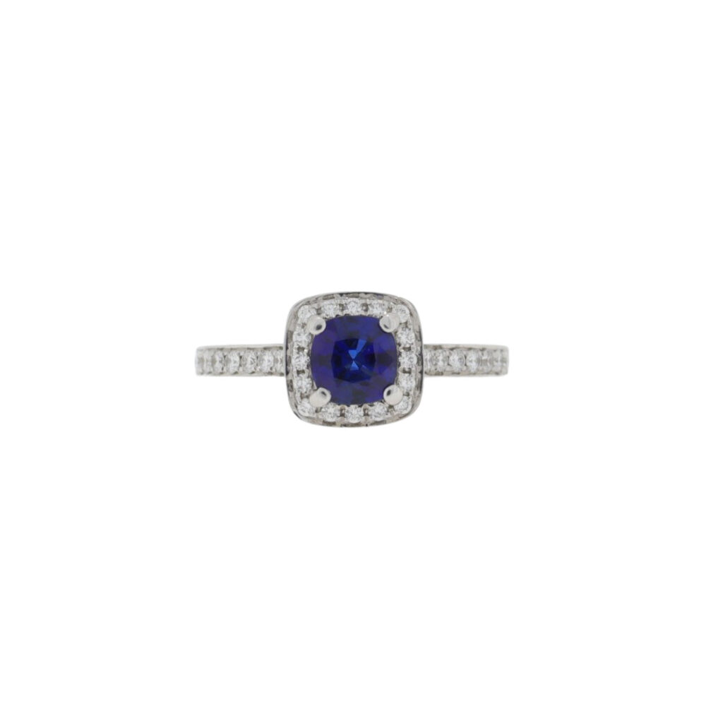 Sapphire and Diamond cushion cluster ring, 18ct White gold mount