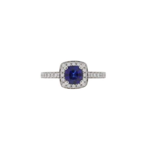 Sapphire and Diamond cushion cluster ring, 18ct White gold mount