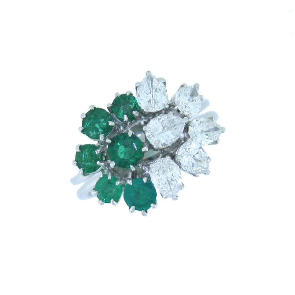 Emerald and Diamond spray ring, 18K white gold mount