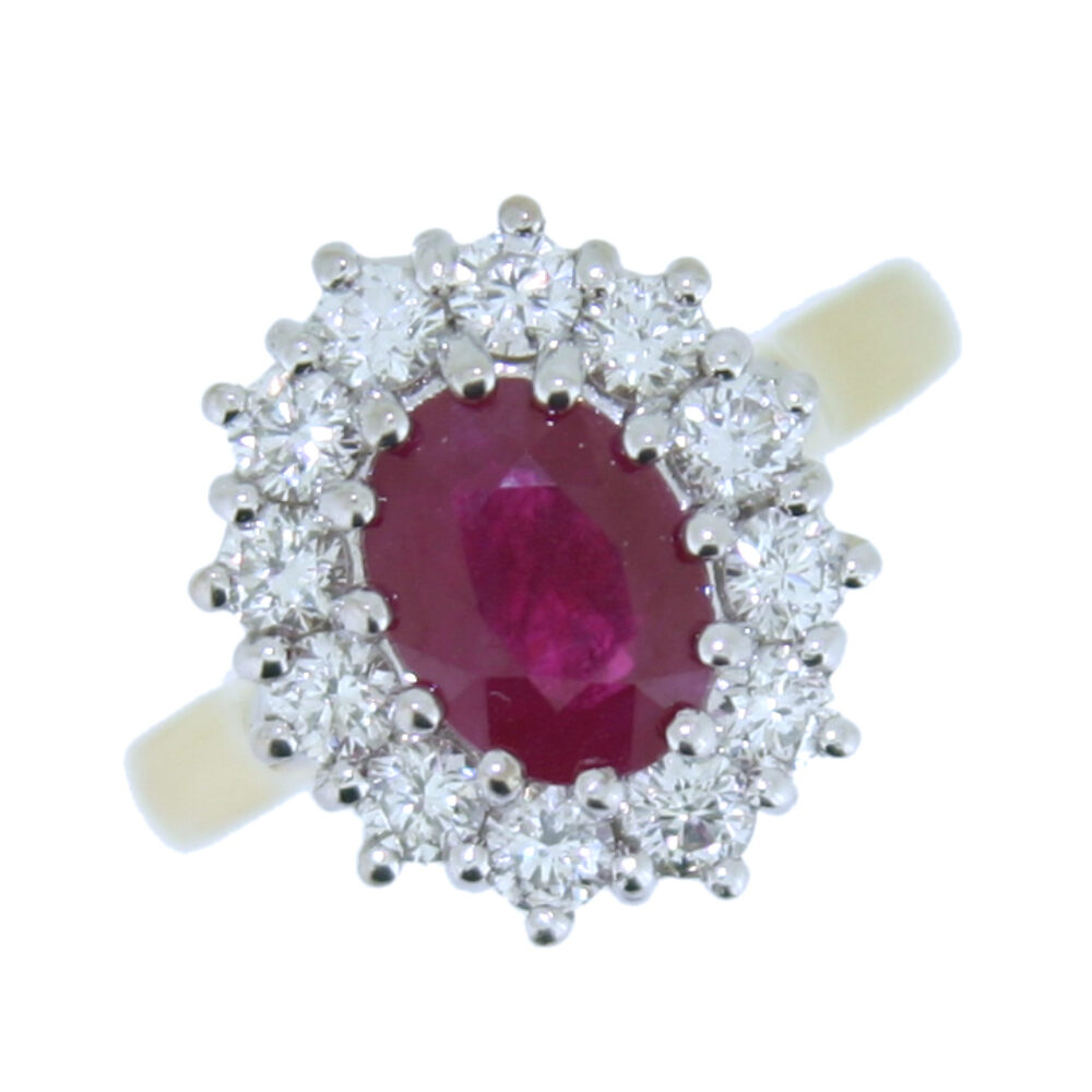 Ruby and Diamond oval cluster ring, 18ct yellow gold mount