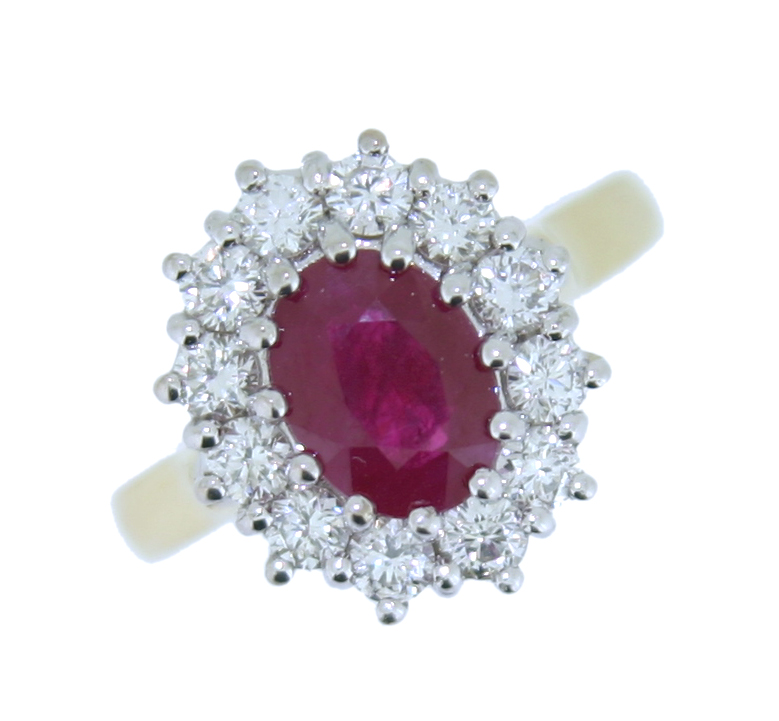 Ruby and Diamond oval cluster ring, 18ct yellow gold mount