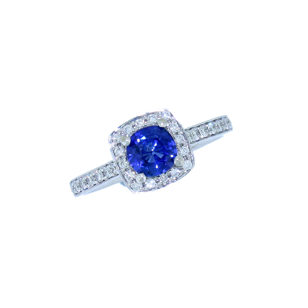 Sapphire and Diamond cushion cluster ring, 18ct White gold mount