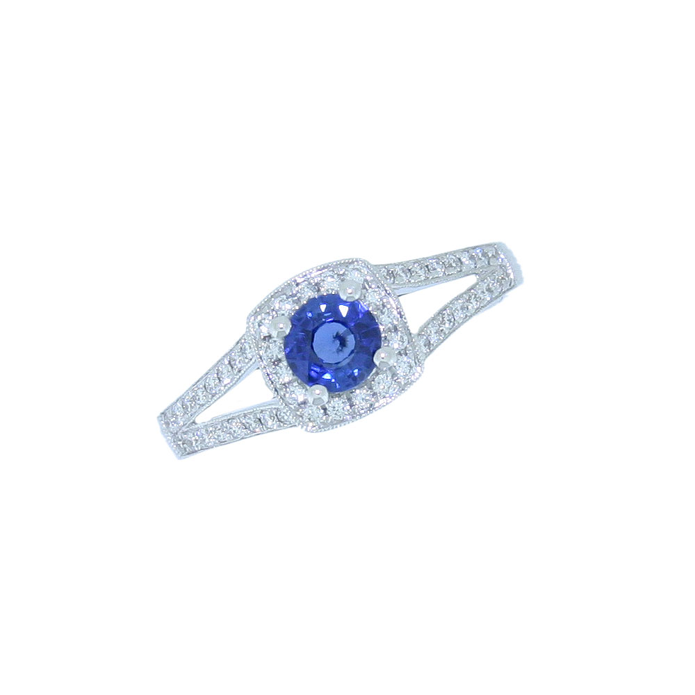 Sapphire and diamond cushion cluster ring, diamond spilt shoulders, 18ct White gold mount