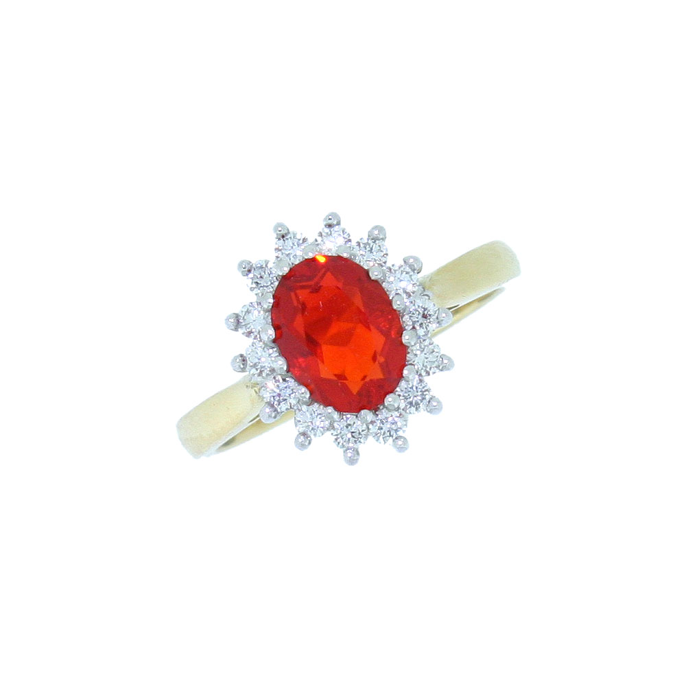 Fire Opal and diamond oval cluster ring, 18ct gold mount