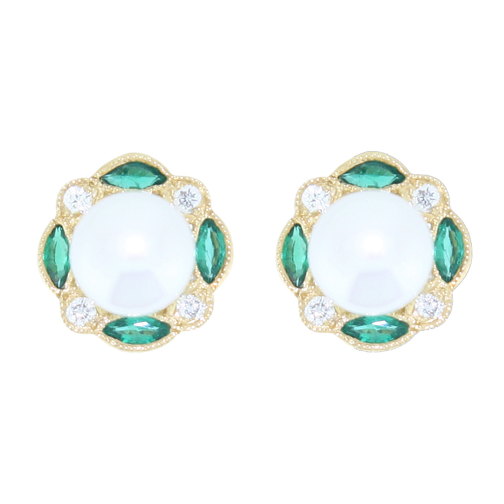 Freshwater Cultured pearl, marquise Emerald and diamond cluster earrings, 18ct yellow gold mounts