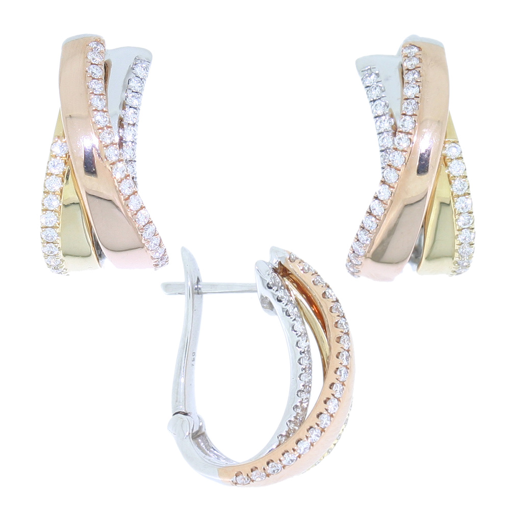 18ct three colour gold and diamond hoop earrings