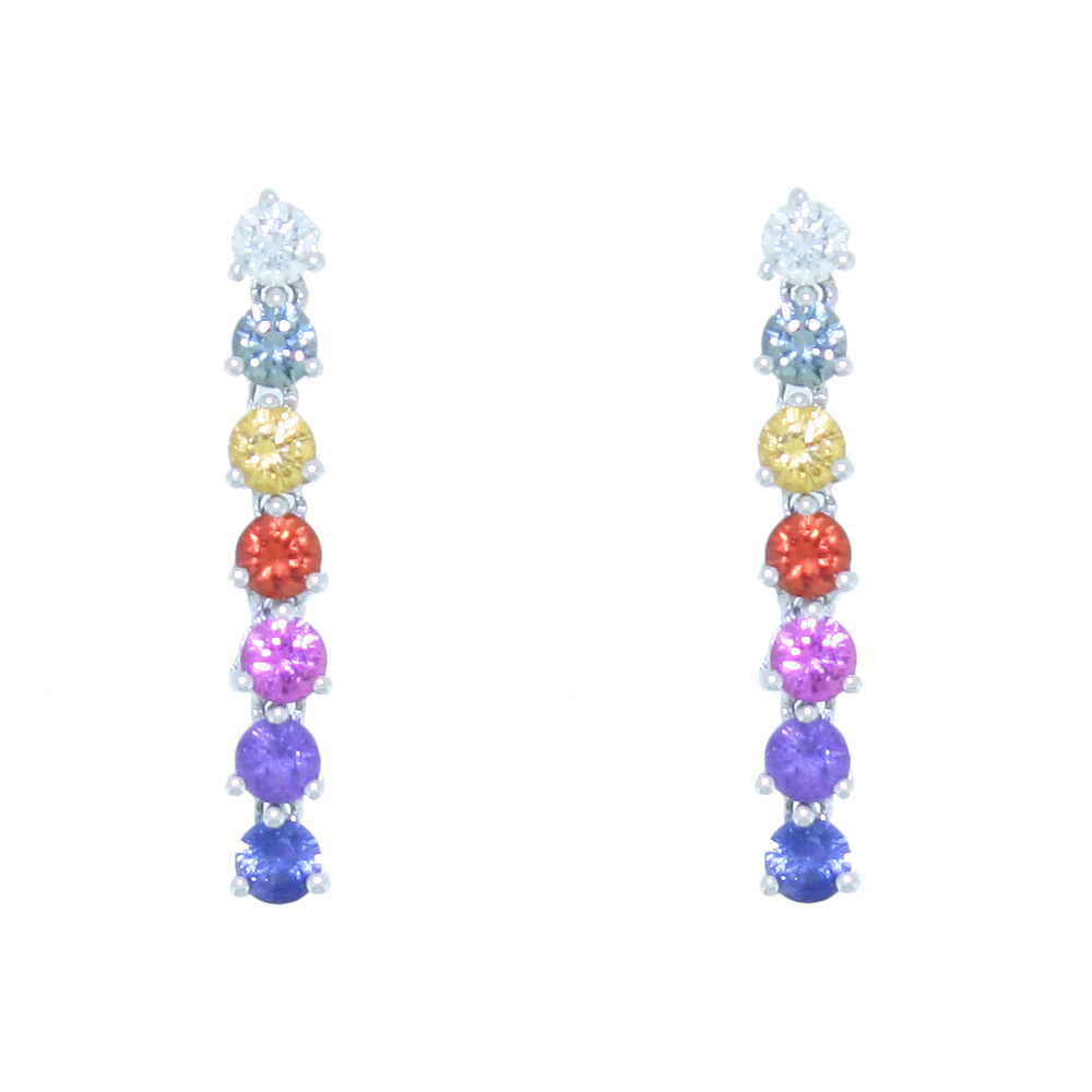 Multi coloured Sapphire and diamond long drop earrings, 18ct white gold mounts