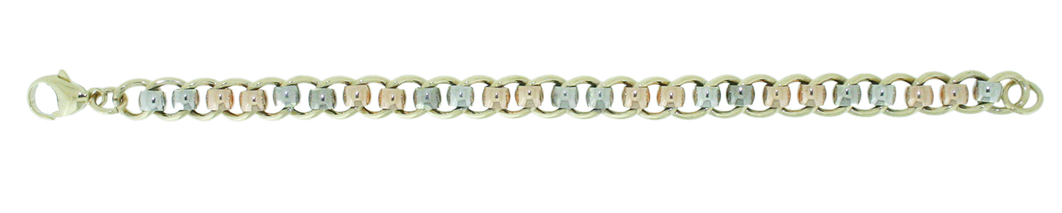 9ct Three colour white, yellow and rose gold roller link bracelet