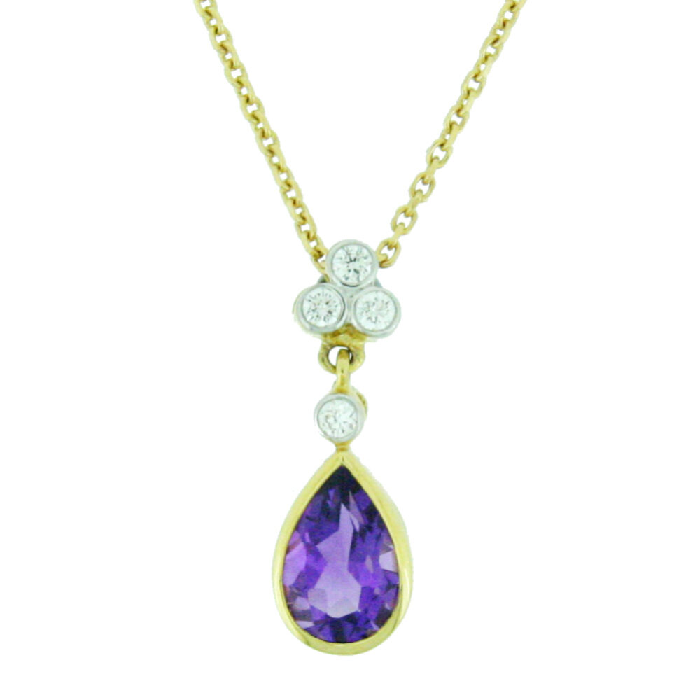 Amethyst Pendeloque cut and diamond drop pendant, 18ct yellow gold mount and necklet