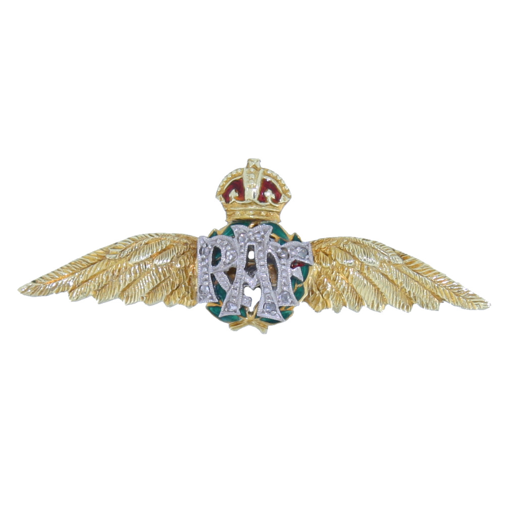 RAF diamond set enamel Regimental brooch, platinum and 15ct gold mount.